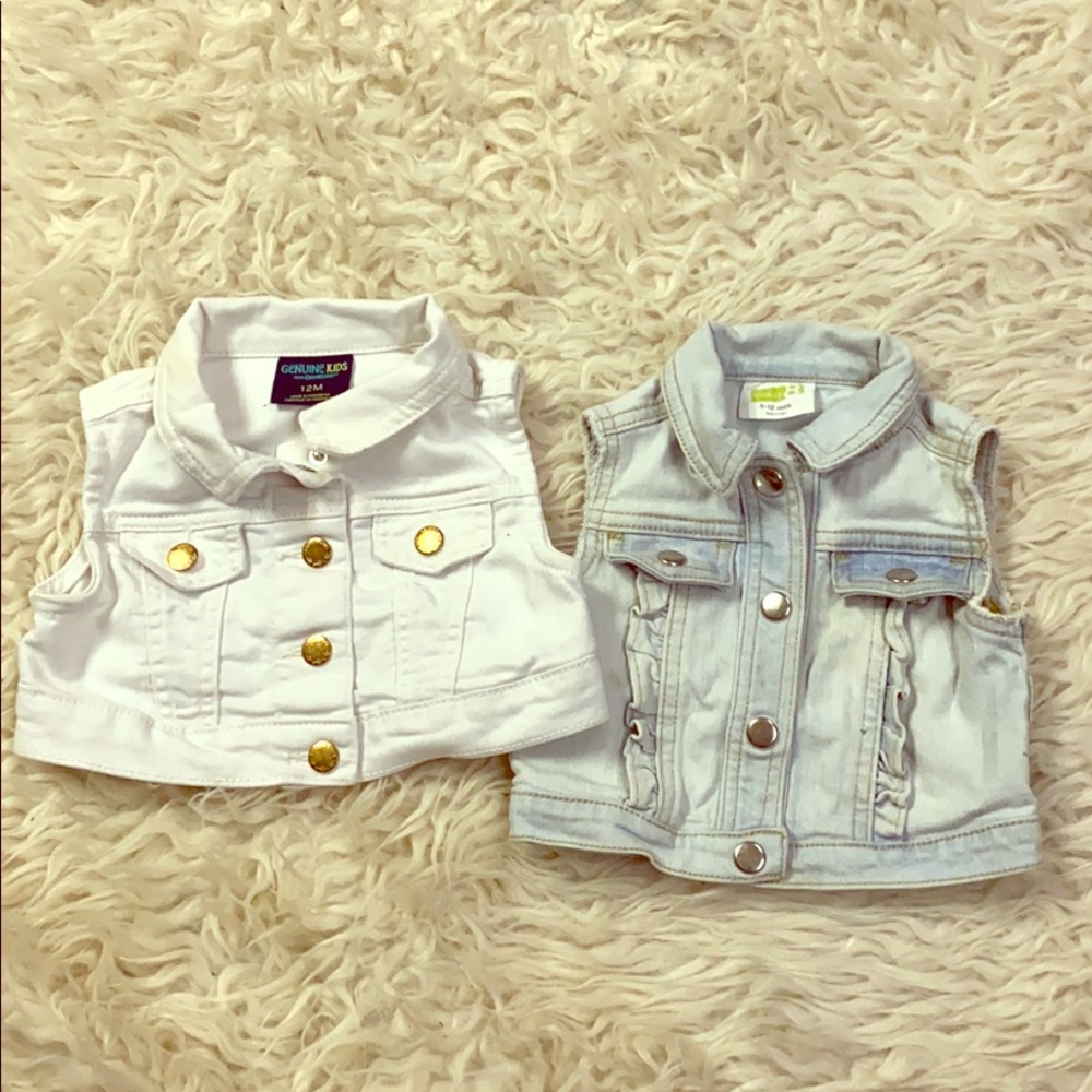 12 month Denim jackets. One white, one light blue.